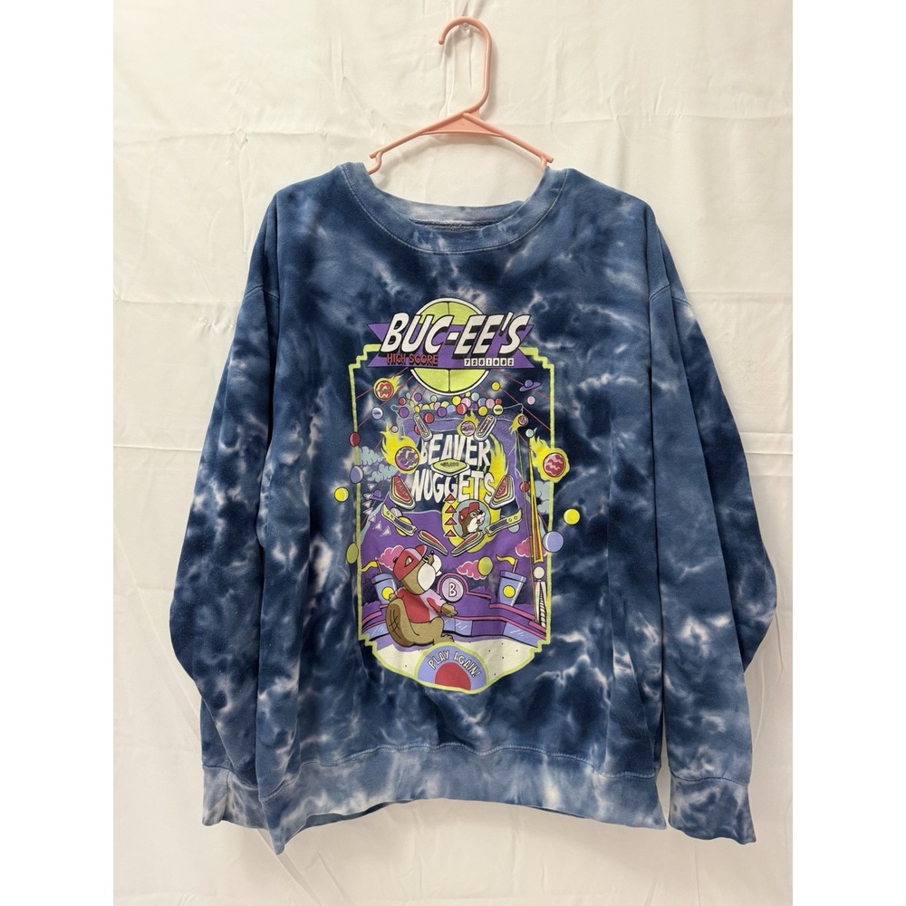 Buc-ees Mens Large Blue White Tie-Dye Arcade High Score Crewneck Sweatshirt